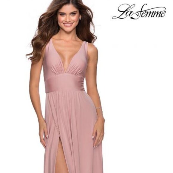 NWT LA FEMME Plunge Neck High Slit Party Gown Sleeveless Mauve Pink 4 MSRP $318 - Picture 2 of 9